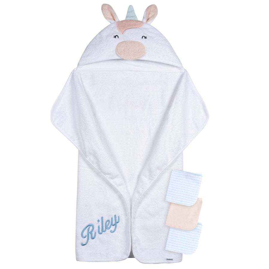 Embroidered 4-Piece Baby Girls White Unicorn Towel & Washcloths Set