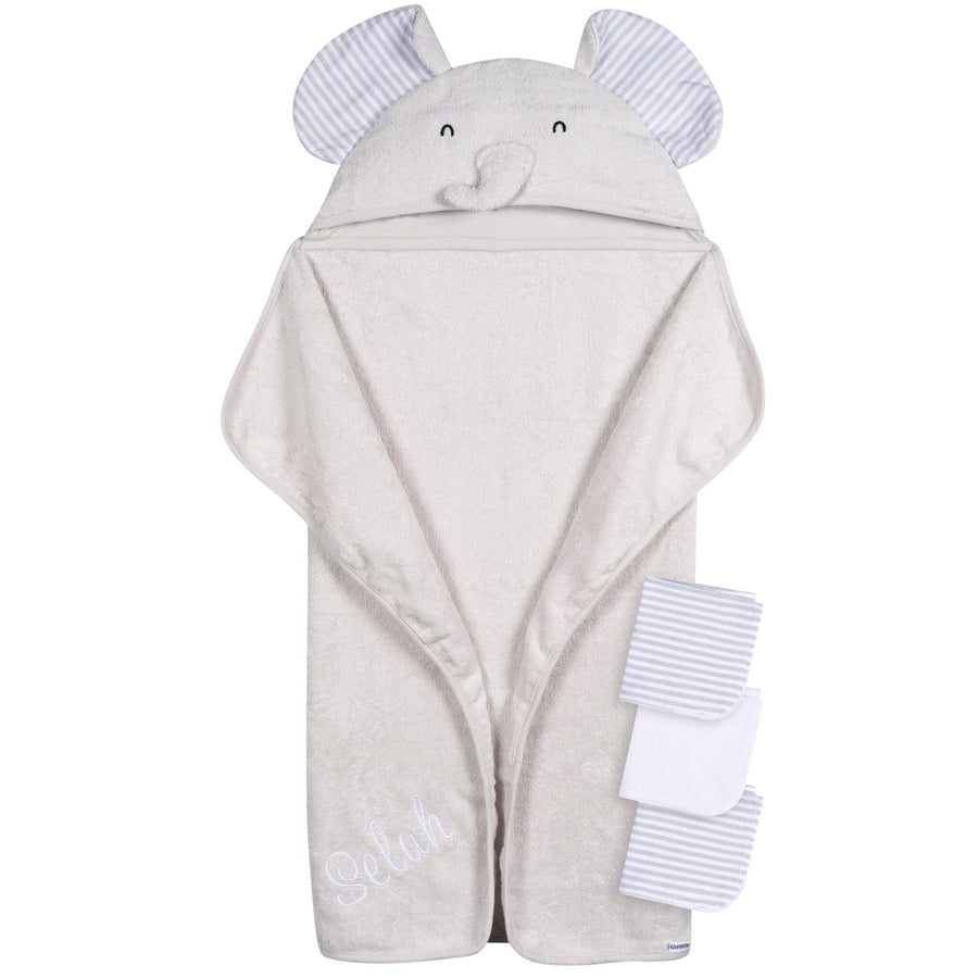 Embroidered 4-Piece Baby Neutral Grey Elephant Towel & Washcloths Set