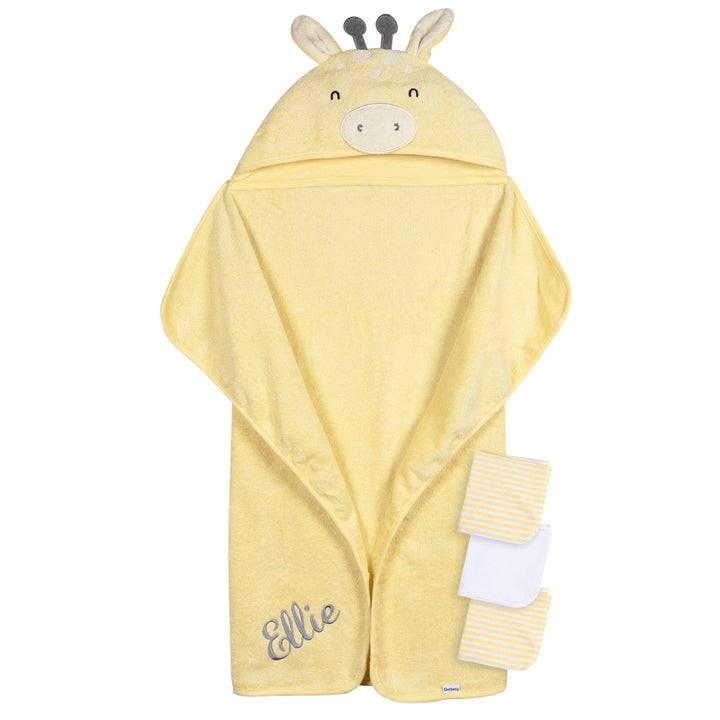 Embroidered 4-Piece Baby Neutral Yellow Giraffe Towel & Washcloths Set