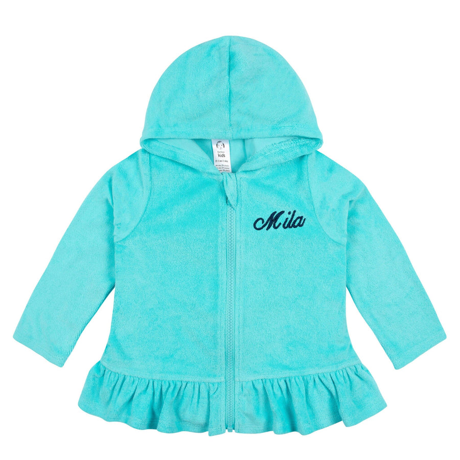 Embroidered Baby & Toddler Girls Aqua Hooded Zip Front Terry Swim Coverup