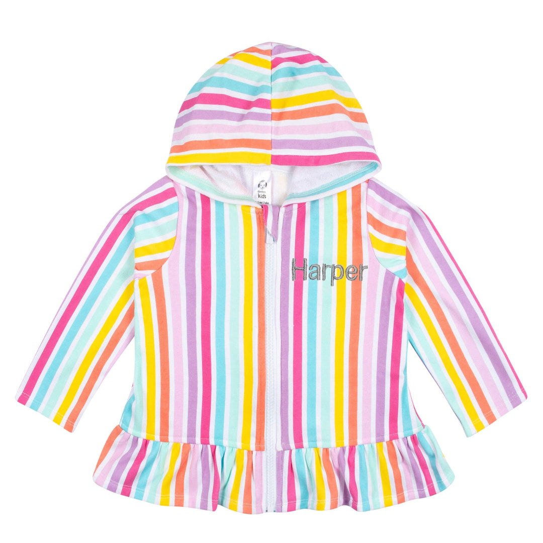 Embroidered Baby & Toddler Girls Rainbow Hooded Zip Front Terry Swim Coverup