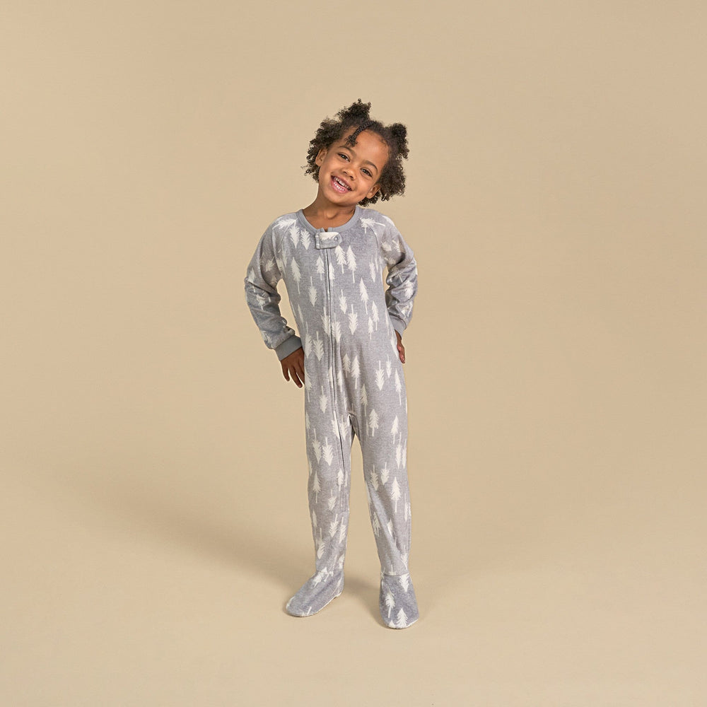 Infant and Toddler Neutral Grey Heather Trees Footed Fleece Pajamas