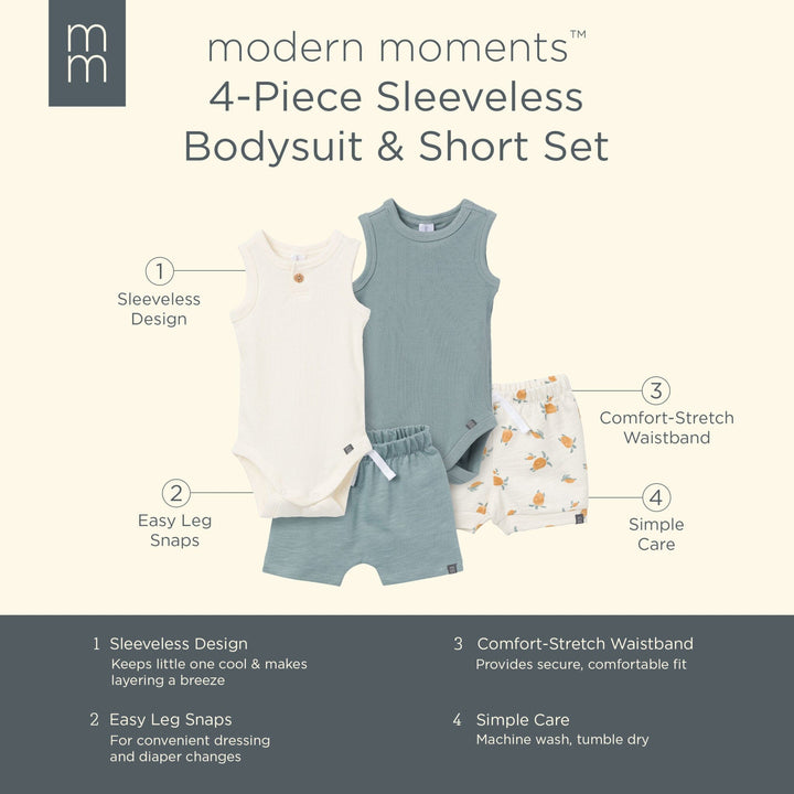 4-Piece Baby Boys Cream & Teal Bodysuits and Shorts Set