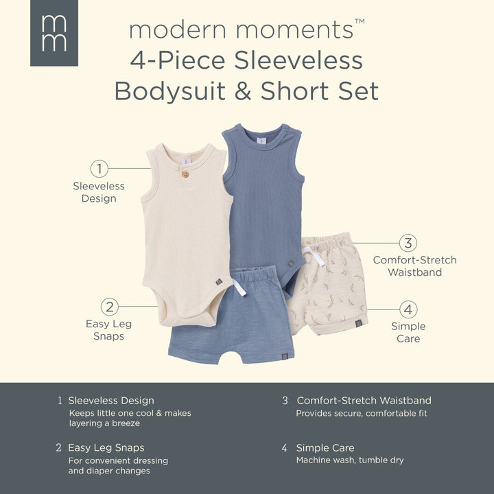 4-Piece Baby Boys Tan & Blue Bodysuits and Shorts Set