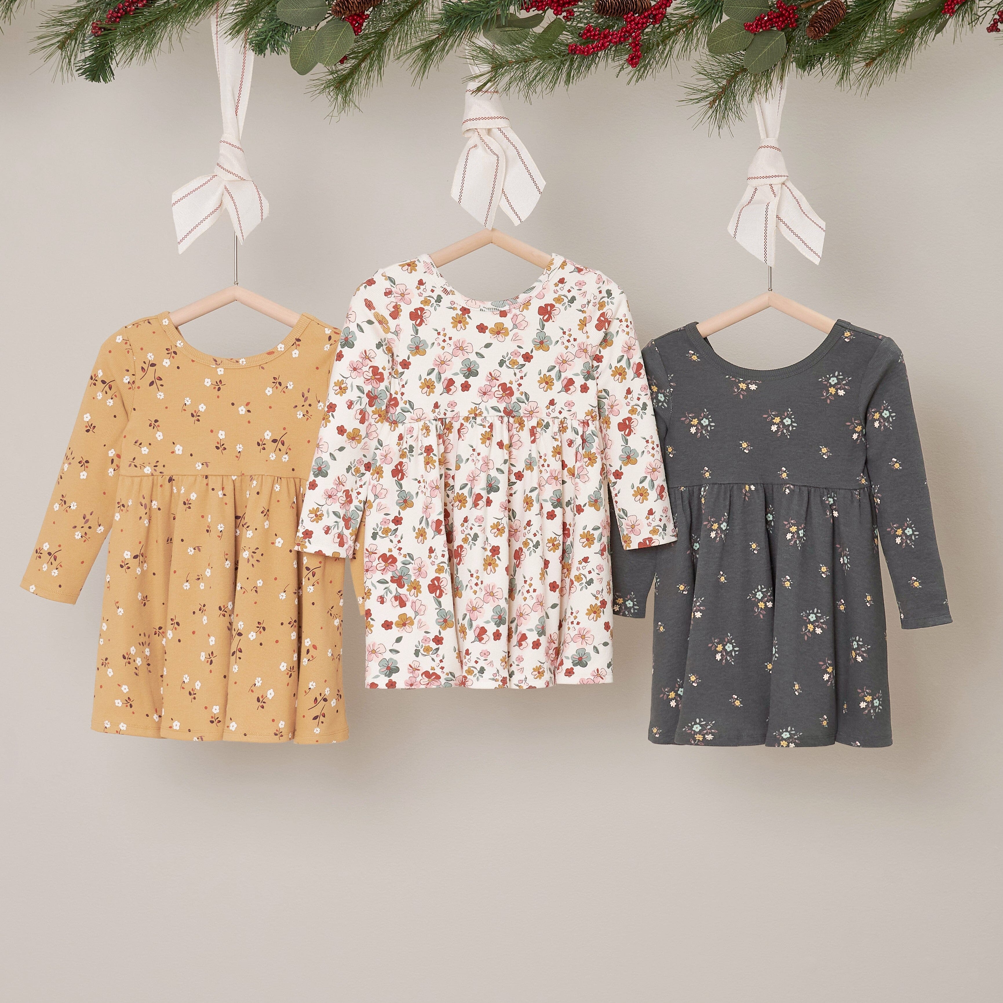 2-Pack Infant & Toddler Girls Mint Floral Long Sleeve Dresses