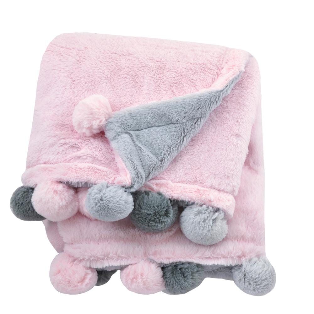 Embroidered Cuddle Plush Pom Pom Blanket in Pink Gerber