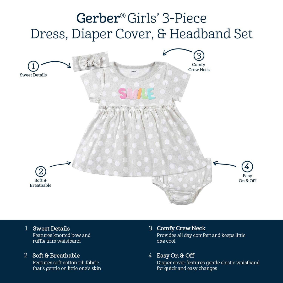 Gerber Baby & Toddler Girls Dress, Diaper Cover/Panty & Headband Set  3-Piece (Newborn-5T) 