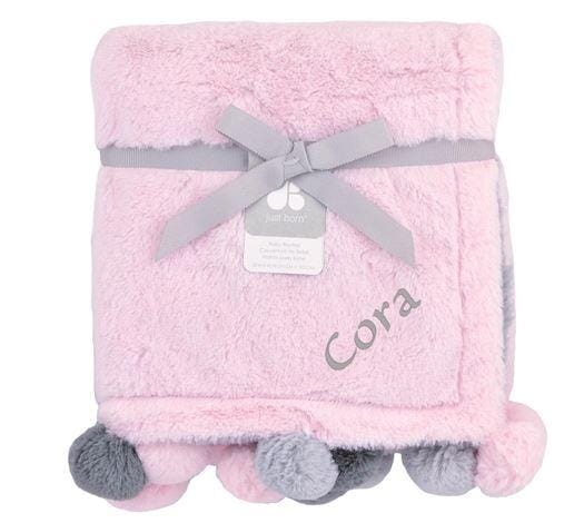 Embroidered Cuddle Plush Pom Pom Blanket in Pink Gerber