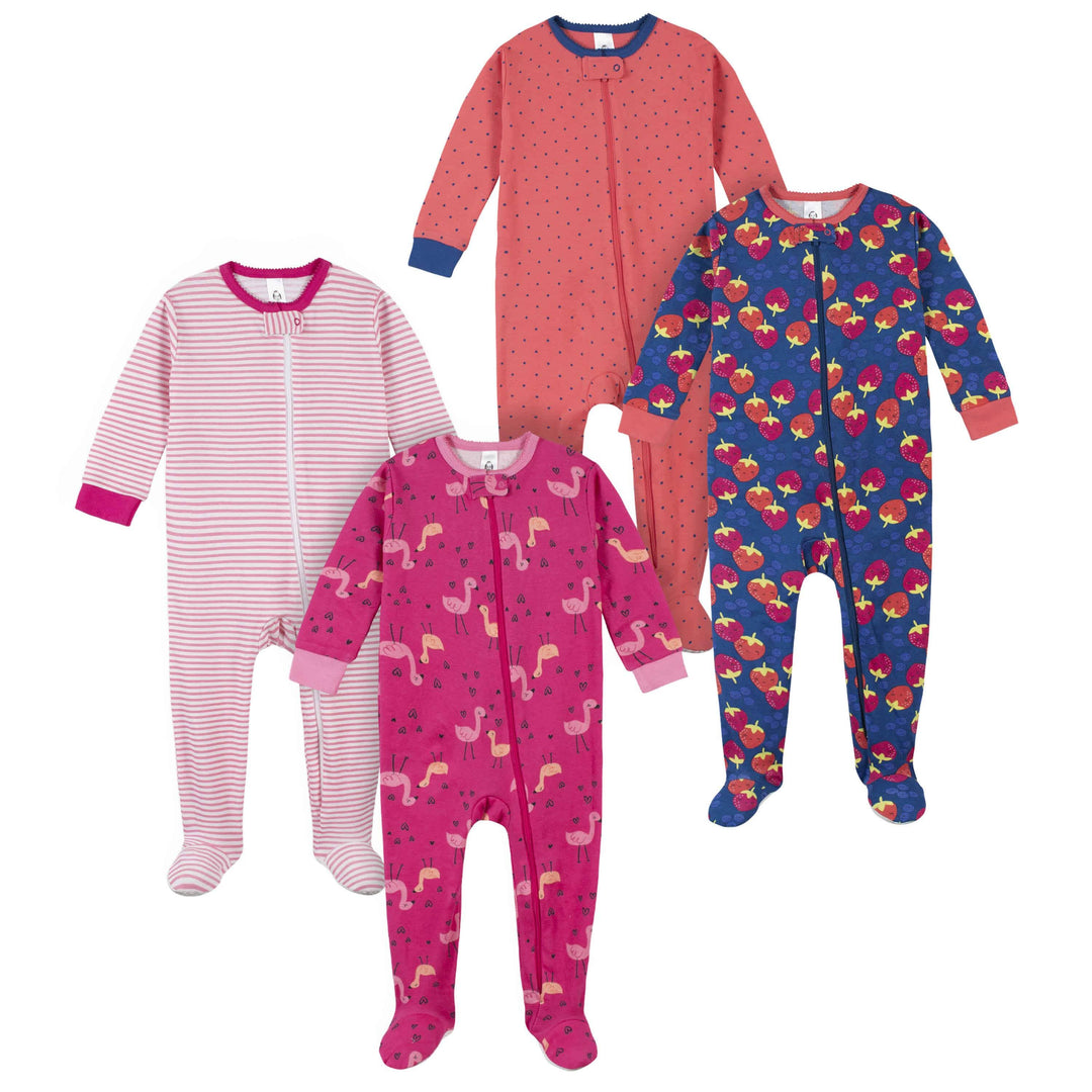 4-Pack Girls Berries & Flamingos Snug Fit Footed Cotton Pajamas-Gerber Childrenswear