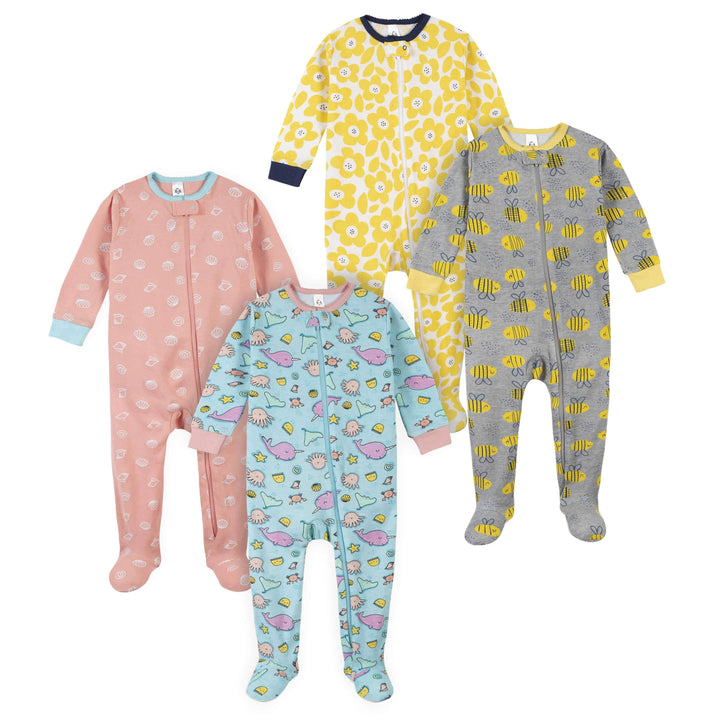 4-Pack Girls Bumblebees & Sea Animals Snug Fit Footed Cotton Pajamas-Gerber Childrenswear