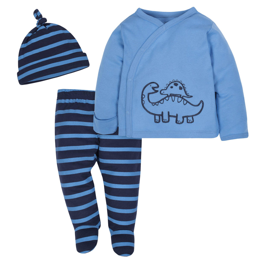 3-Piece Dinosaur Baby Boys Side-Snap Shirt, Footed Pants and Cap Set-Gerber Childrenswear