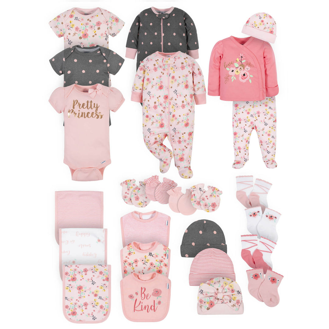 25-Piece Baby Girls Love You Onesies® Bodysuit, Sleep 'N Play, Take-Me-Home Set, Bib, Burp Cloth, Socks, Caps and Mittens Set