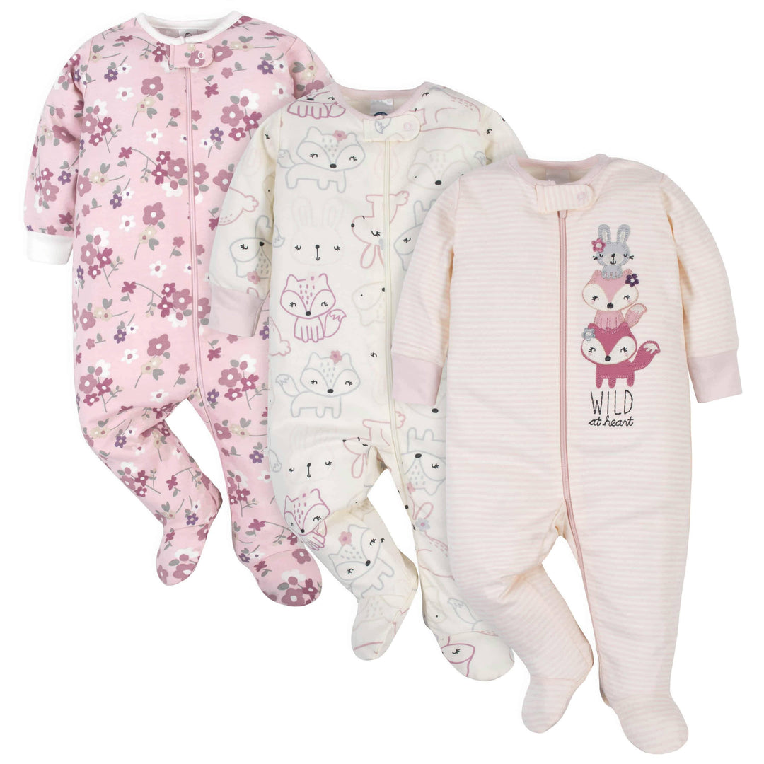 3-Pack Organic Baby Girls Fox Sleep 'n Plays-Gerber Childrenswear