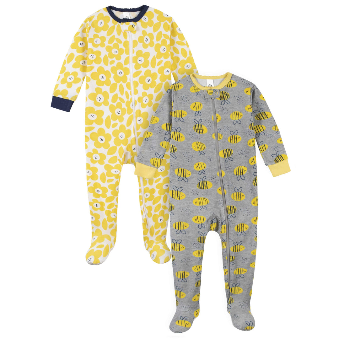 4-Pack Girls Bumblebees & Sea Animals Snug Fit Footed Cotton Pajamas-Gerber Childrenswear