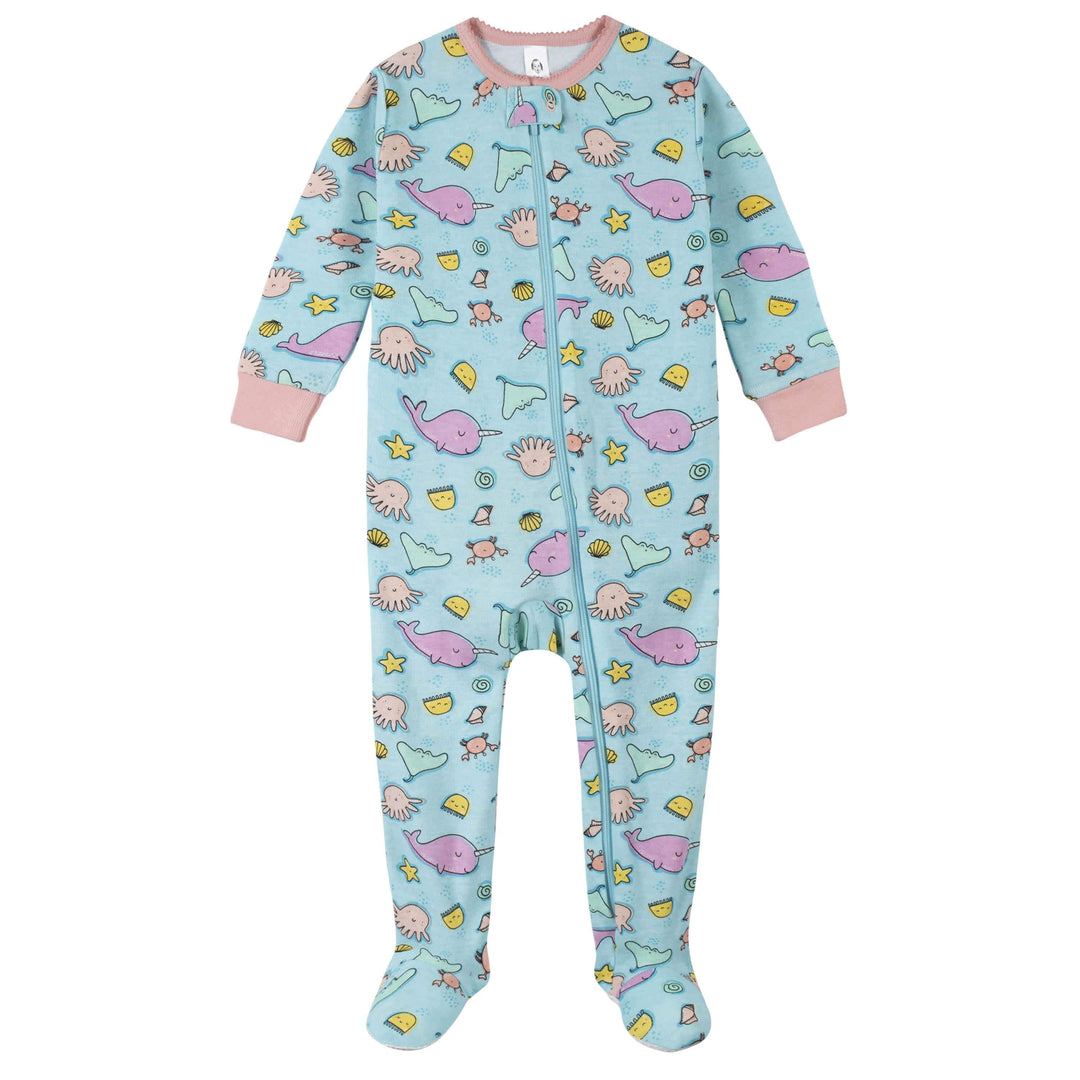 4-Pack Girls Bumblebees & Sea Animals Snug Fit Footed Cotton Pajamas-Gerber Childrenswear