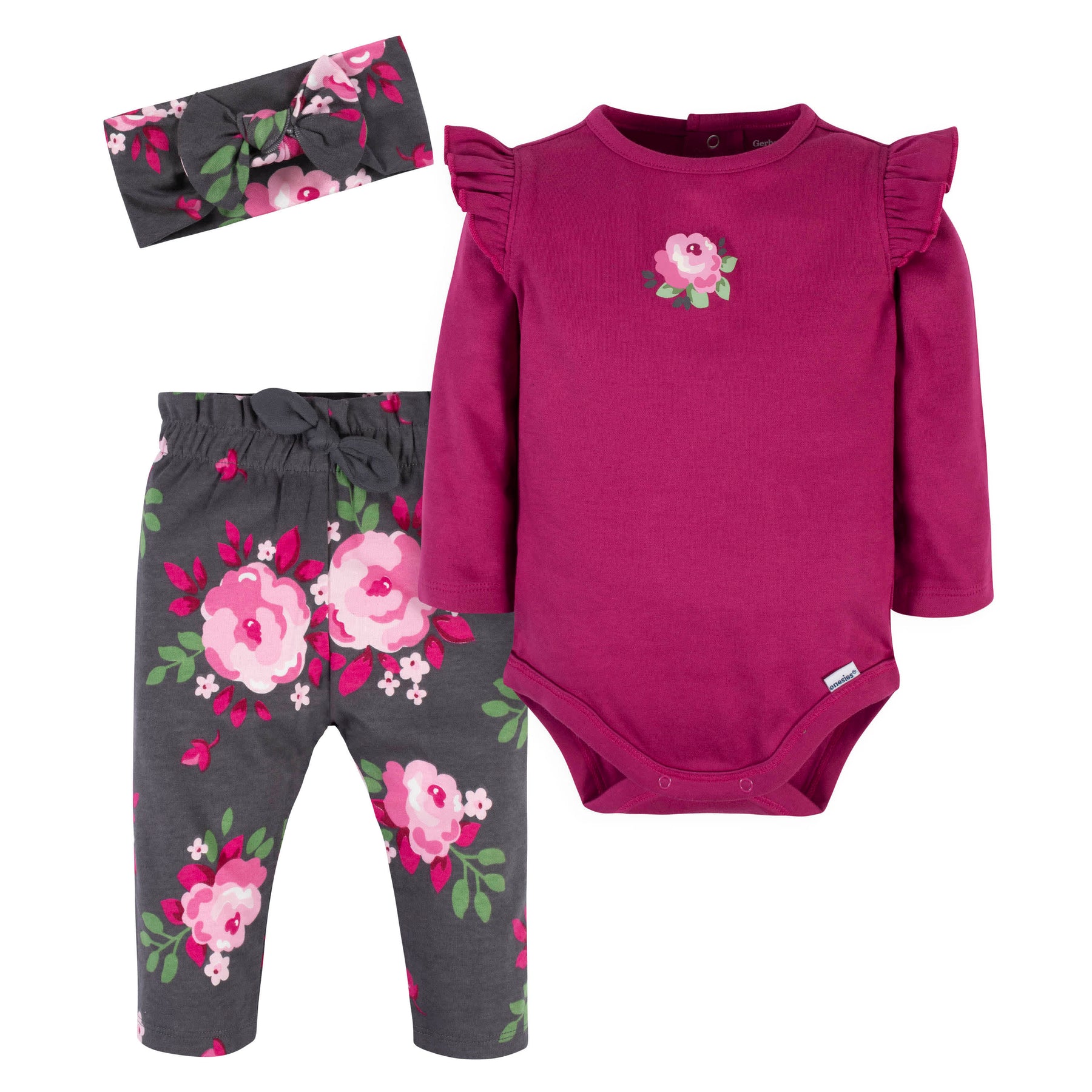 3-Piece Baby Girls Burgundy Garden Onesies® Bodysuit, Pants & Headband ...