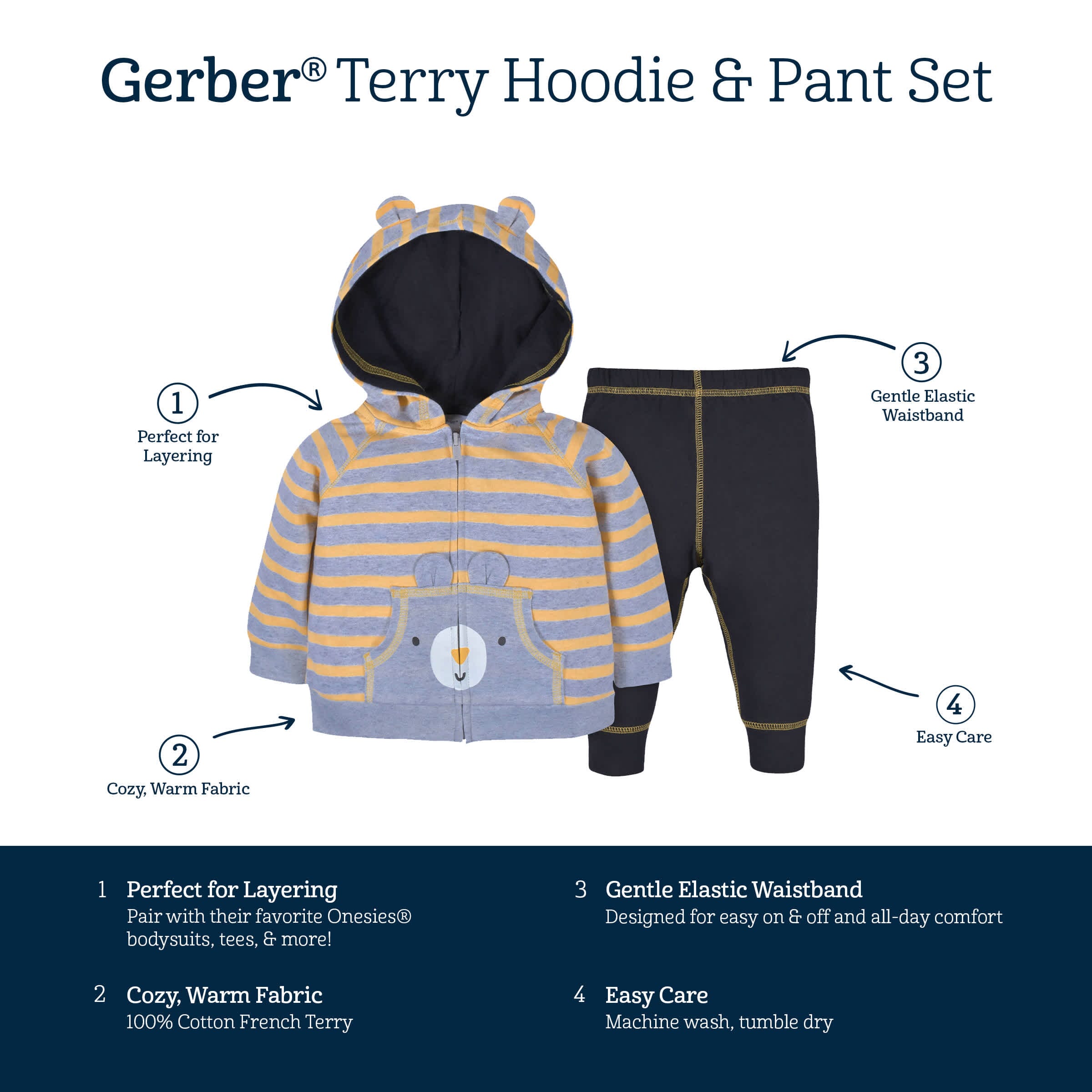 2 Piece Baby Toddler Boys Striped Bear Terry Zip Hoodie Joggers Set