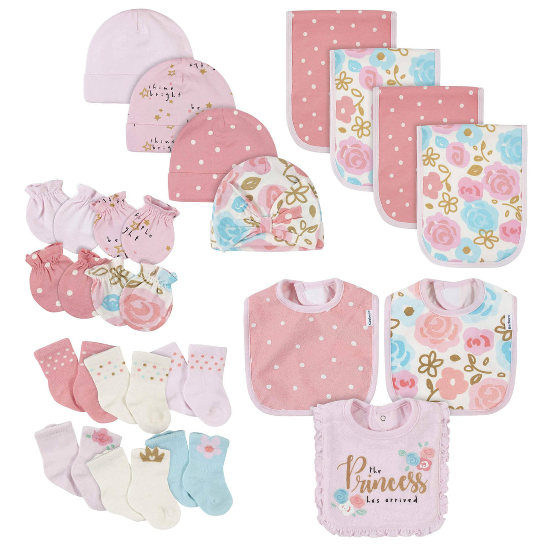 21-Piece Baby Girls Princess Terry Bib, Burpcloth, Mittens, Cap and Bootie Sock Set-Gerber Childrenswear