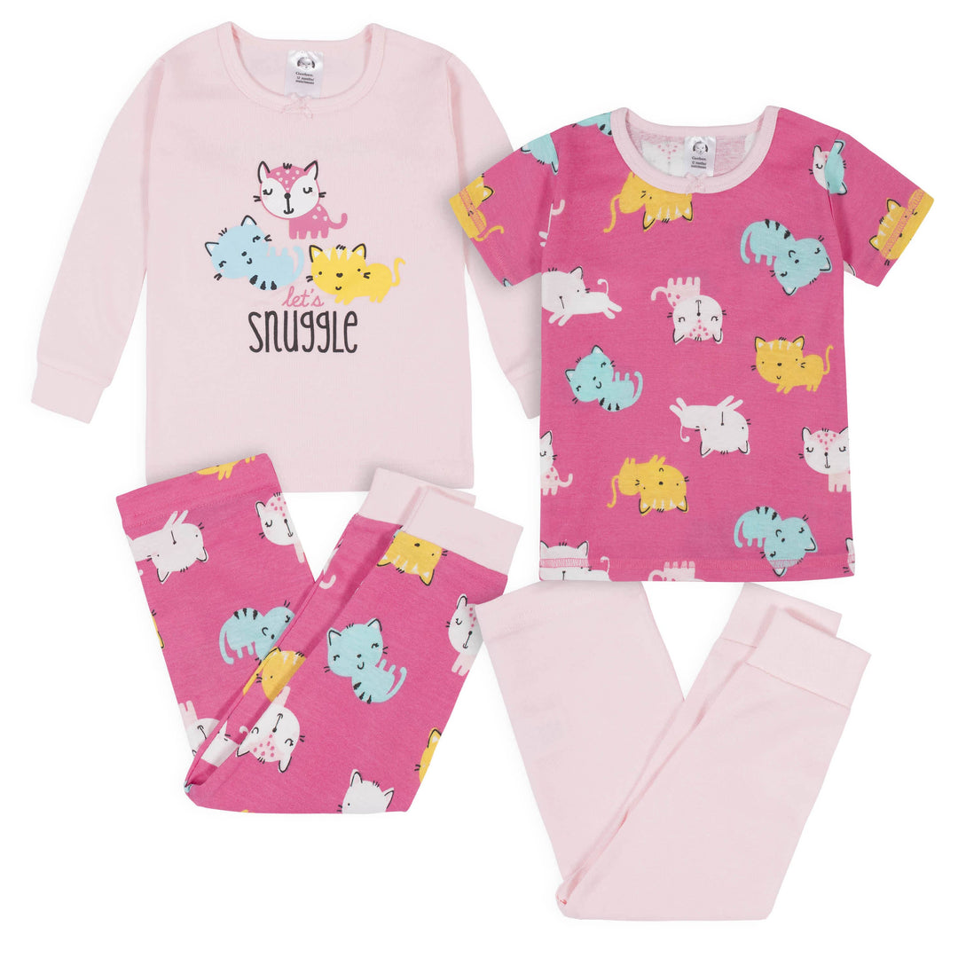 4-Piece Infant & Toddler Girls Cats Snug Fit Cotton Pajamas