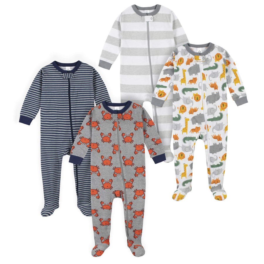 4-Pack Boys Safari Animals & Crab Snug Fit Footed Cotton Pajamas-Gerber Childrenswear