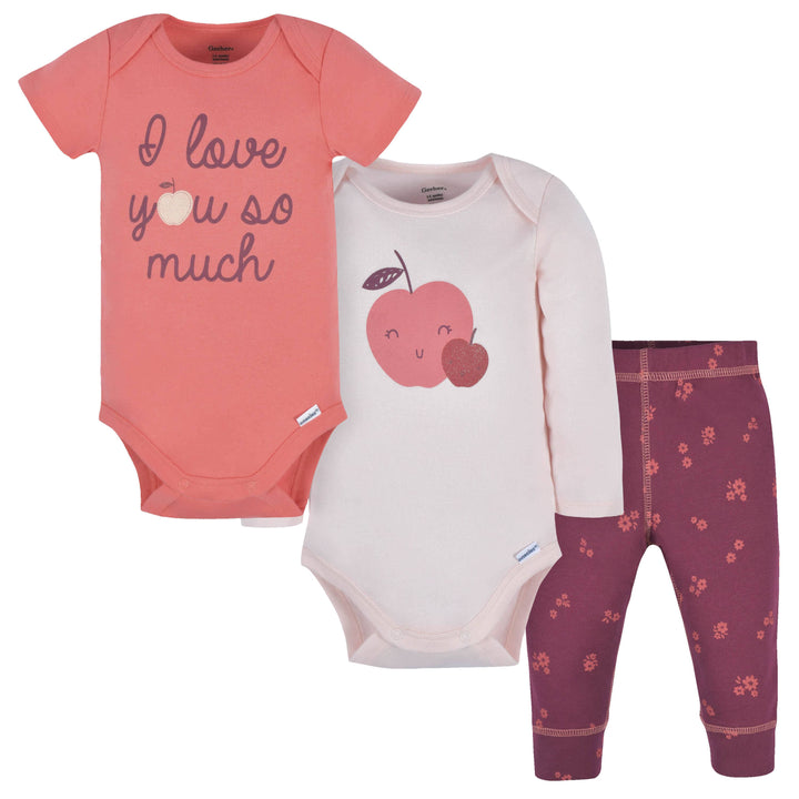 3-Piece Baby Girls Apple Bouquets Onesies® Bodysuits and Pants Set