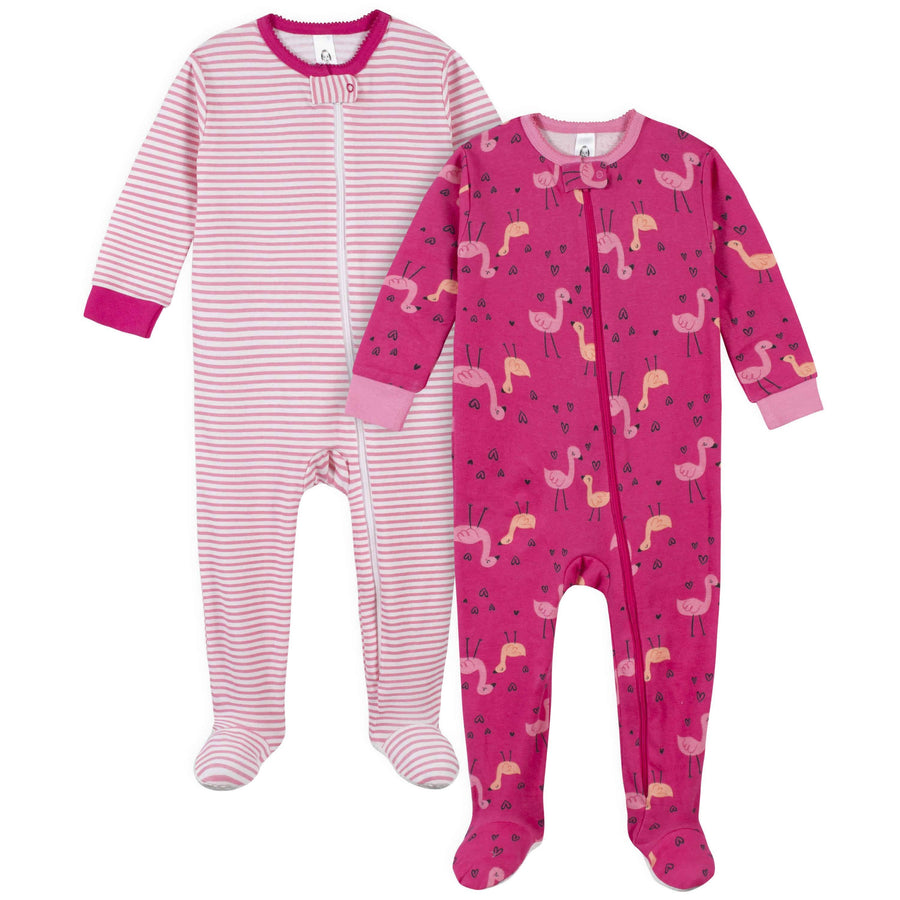 2-Pack Girls Flamingo Snug Fit Footed Cotton Pajamas-Gerber Childrenswear