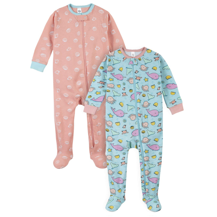 4-Pack Girls Bumblebees & Sea Animals Snug Fit Footed Cotton Pajamas-Gerber Childrenswear