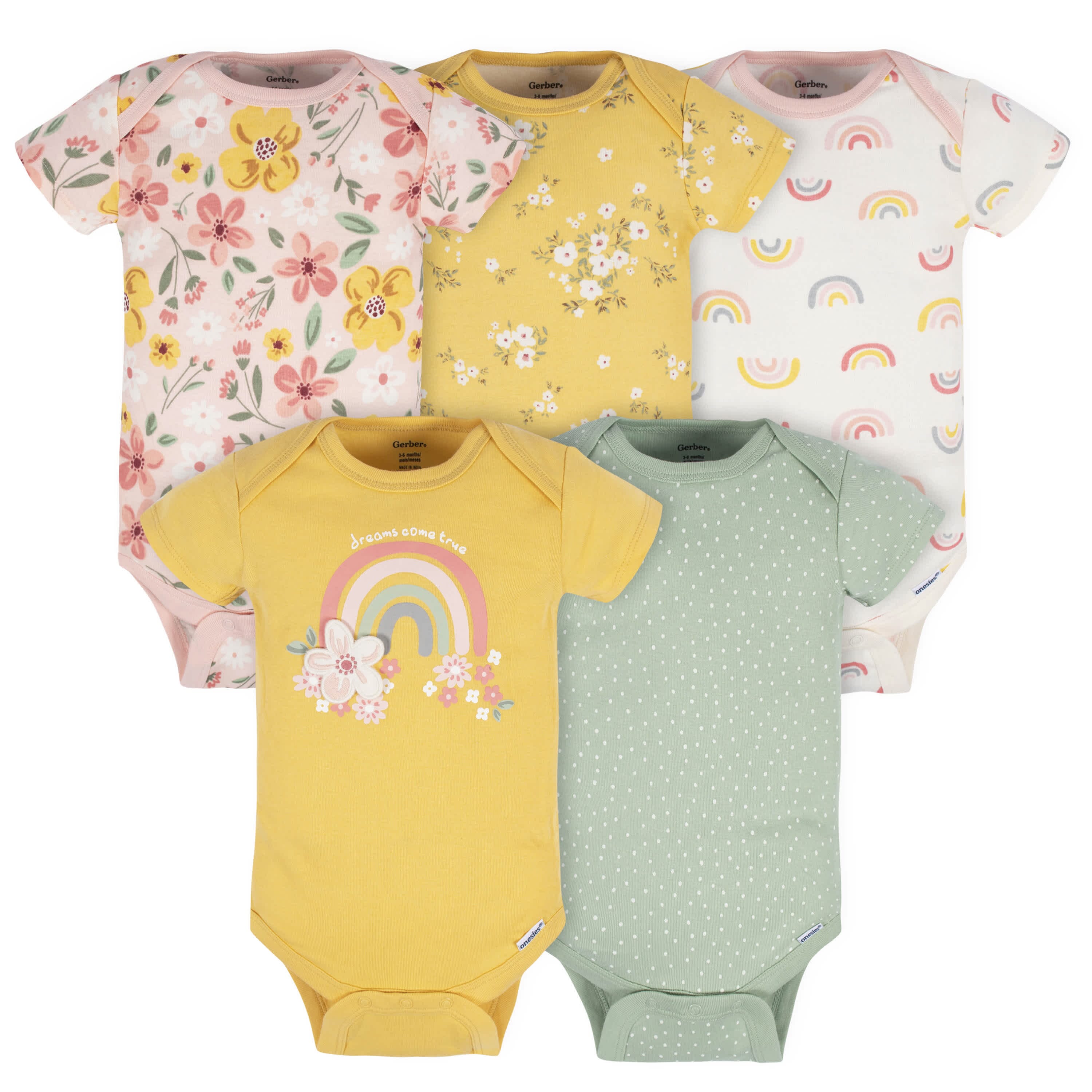 5 Pack Baby Girls Golden Floral Onesies Bodysuits Gerber Childrenswear