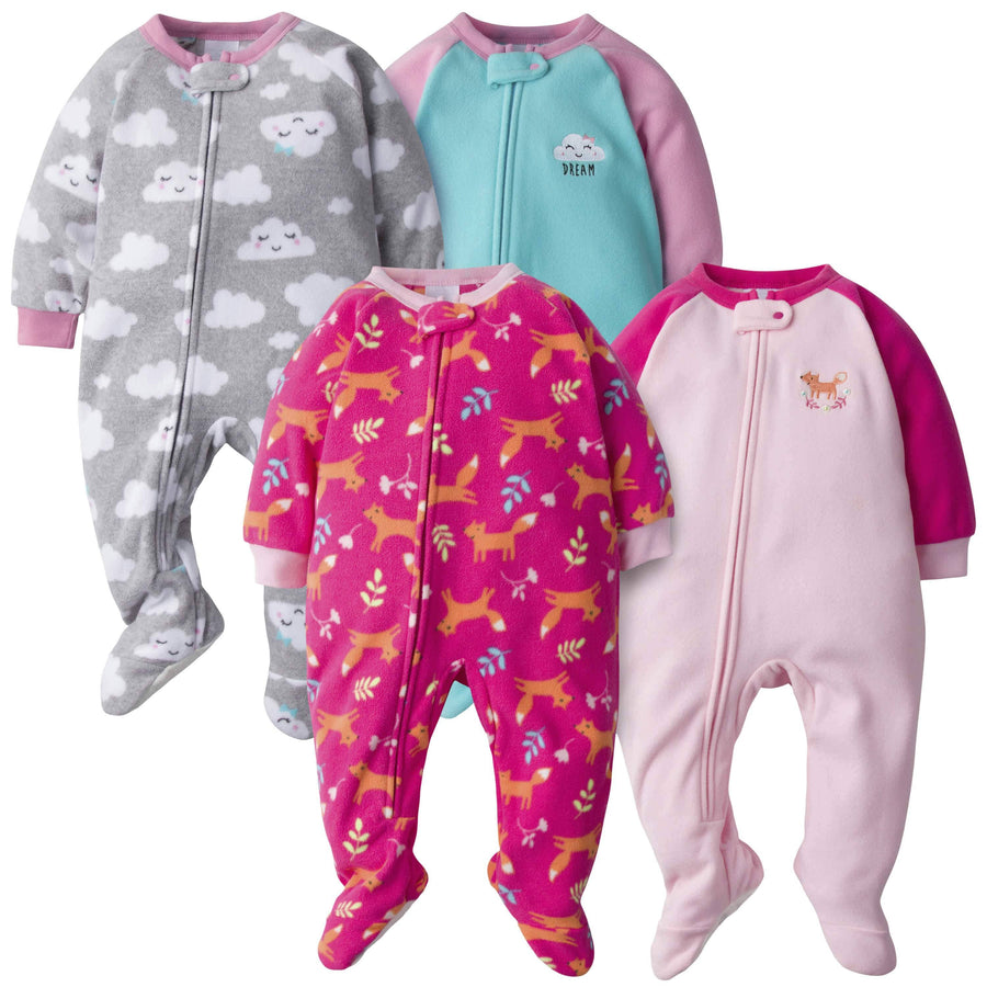 Gerber® 4-Pack Baby Girls Foxes & Clouds Fleece Pajamas-Gerber Childrenswear