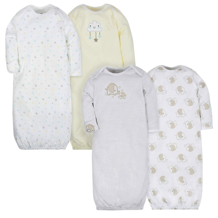 4-Pack Clouds & Elephants Baby Neutral Gowns-Gerber Childrenswear