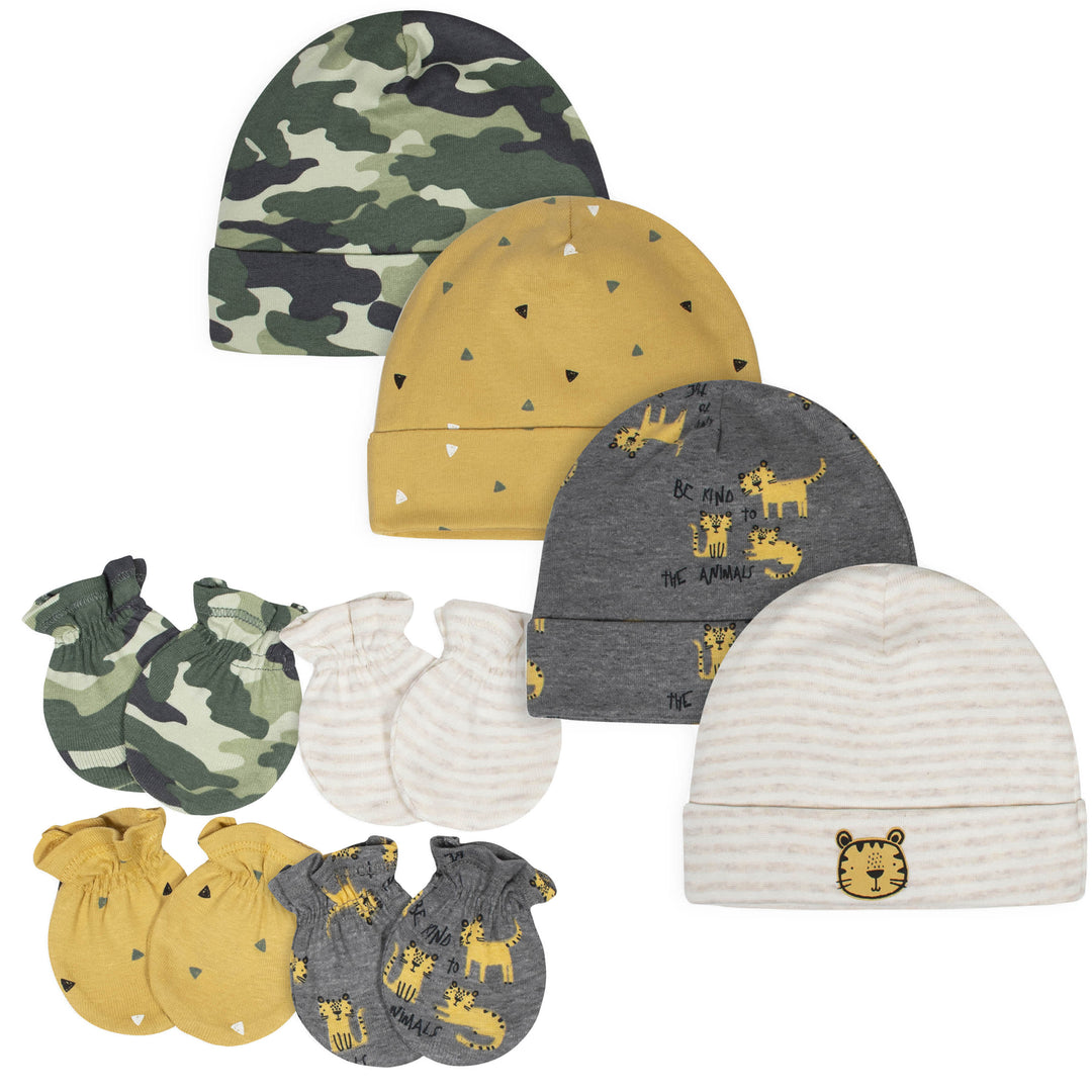 8-Piece Baby Boys Tiger Caps and Mittens Set-Gerber Childrenswear