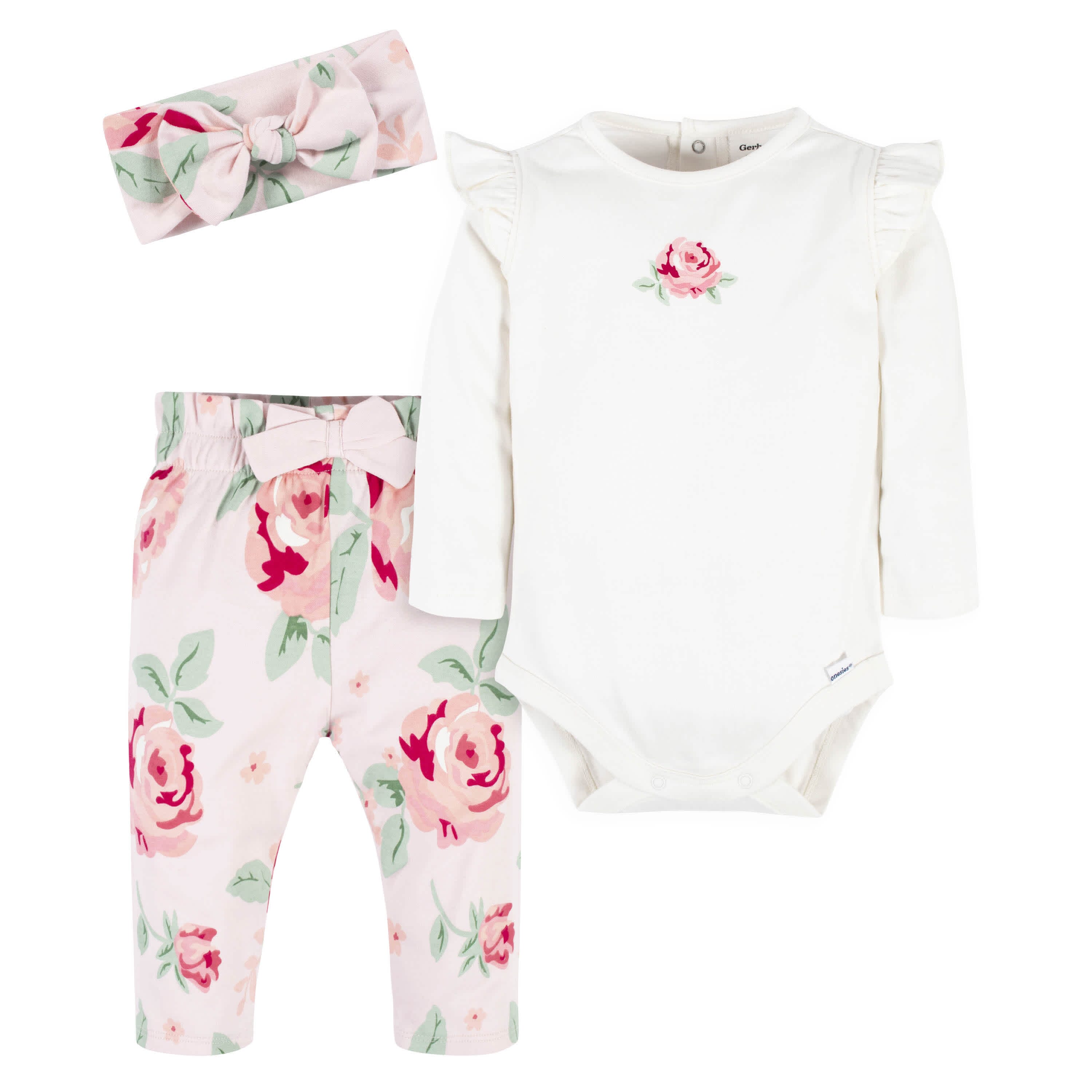 3-Piece Baby Girls Pink Garden Onesies® Bodysuit, Pants & Headband Set ...