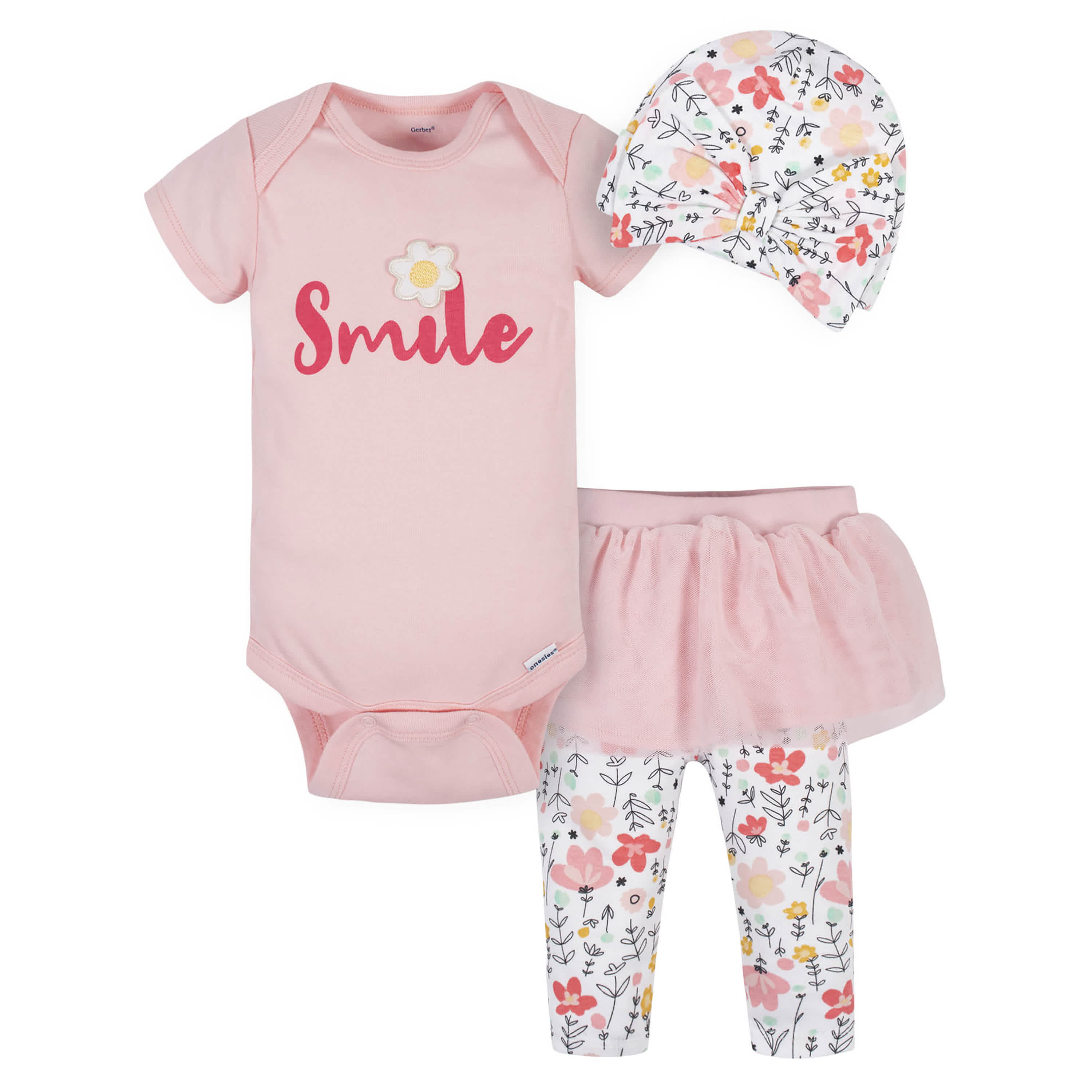 3-Piece Baby Girls Garden Floral Onesies® Bodysuit, Tutu Pant, & Cap S ...