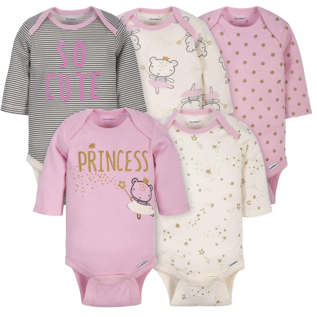 5-Pack Baby Girls Princess Long Sleeve Onesies® Bodysuits-Gerber Childrenswear